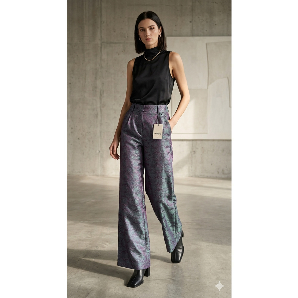 Hosbjerg Iridescent Jacquard‎ Wide Leg Paisley Trousers Purple Teal Size XS